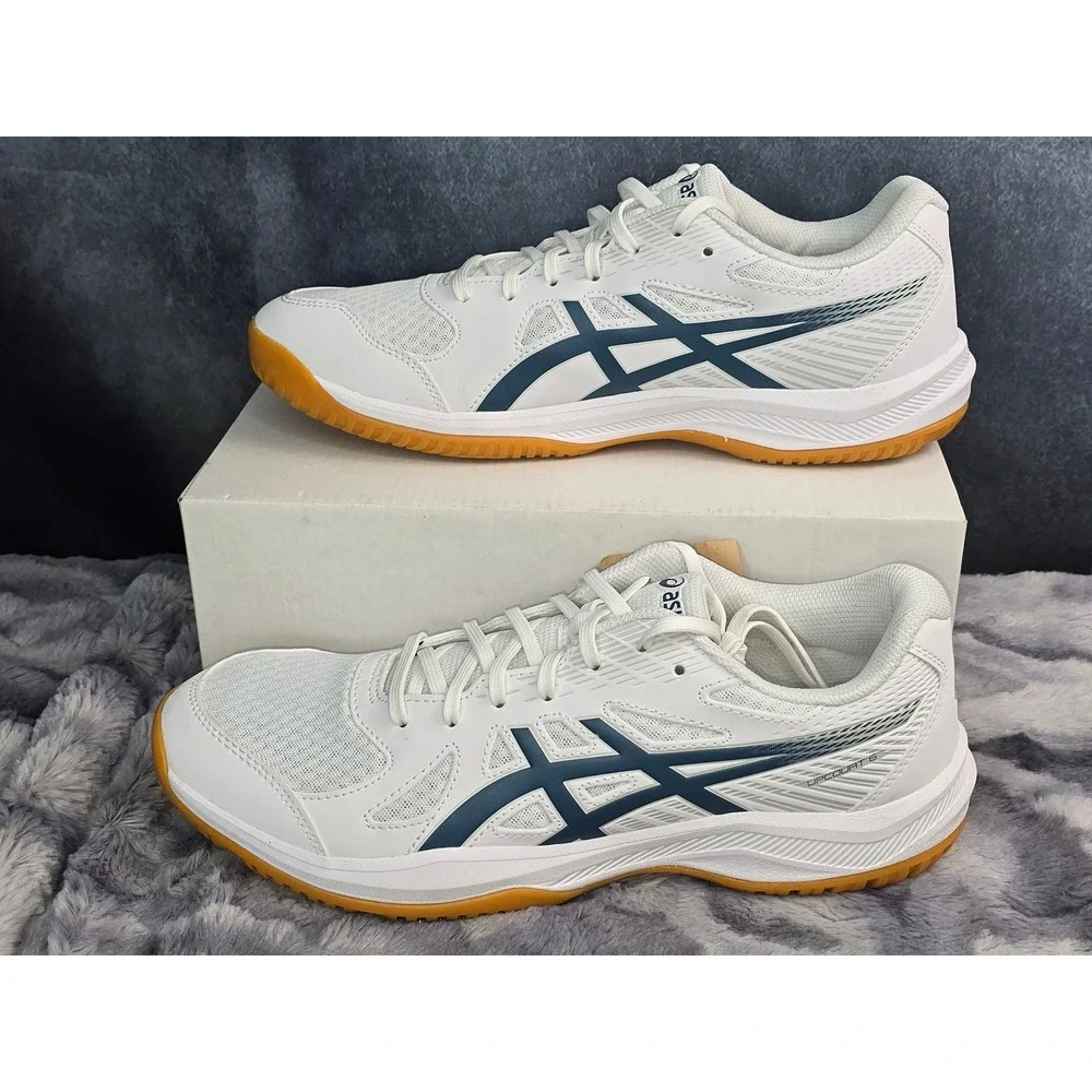 NWT ASICS Upcourt 6 Volleyball Shoes White Saba Blue Gum Sole Mens Size 10